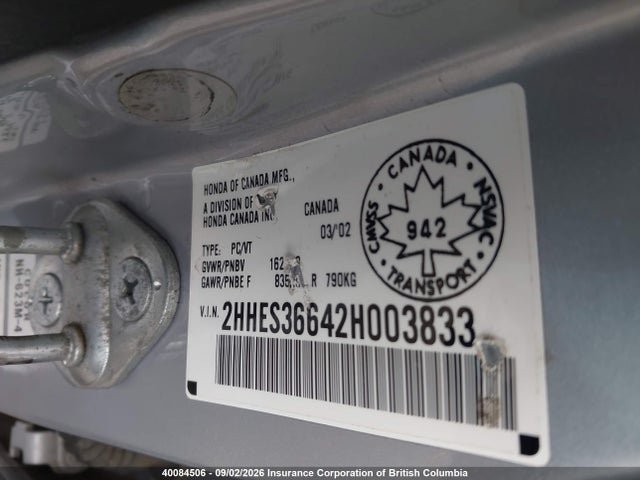 40084506 :رقم المزاد ، 2HHES36642H003833 vin ، 2002 Acura El Touring مزاد بيع