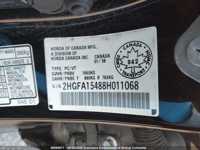 40084517 :رقم المزاد ، 2HGFA15488H011068 vin ، 2008 Honda Civic مزاد بيع