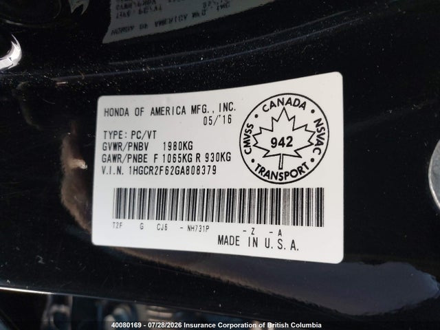 1HGCR2F62GA808379 Honda Accord Sport