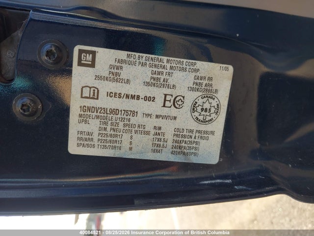 2006 Chevrolet Uplander Ls მანქანა იყიდება აუქციონზე, vin: 1GNDV23L96D175781, აუქციონის ნომერი: 40084521