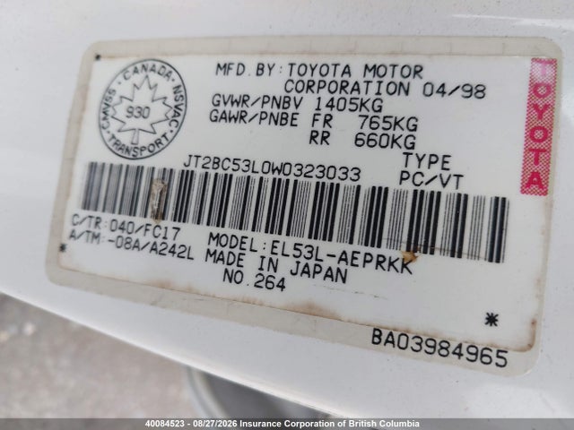 Aukcja sprzedaży 1998 Toyota Tercel Ce, vin: JT2BC53L0W0323033, numer aukcji: 40084523