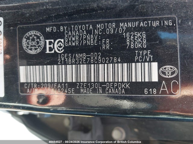 Aukcja sprzedaży 2008 Toyota Corolla Ce/le/s, vin: 2T1BR32E78C902784, numer aukcji: 40084527