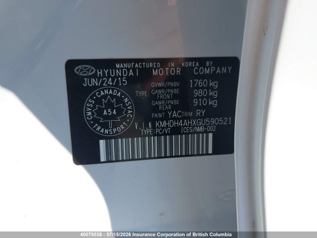 Продажа на аукционе авто 2016 Hyundai Elantra Se/sport/limited, vin: KMHDH4AHXGU590521, номер лота: 40078036