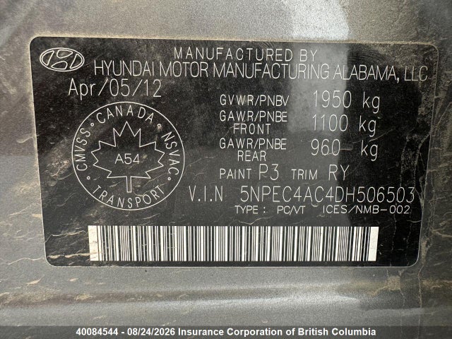 40084544 :رقم المزاد ، 5NPEC4AC4DH506503 vin ، 2013 Hyundai Sonata Limited W/navi مزاد بيع