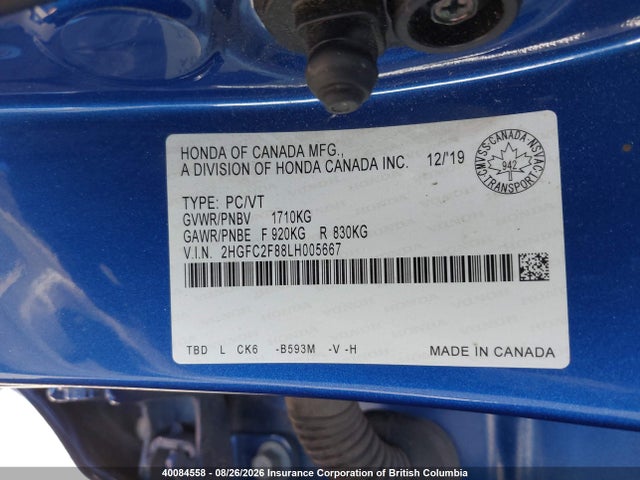Honda Civic 2020 2HGFC2F88LH005667 Image 9