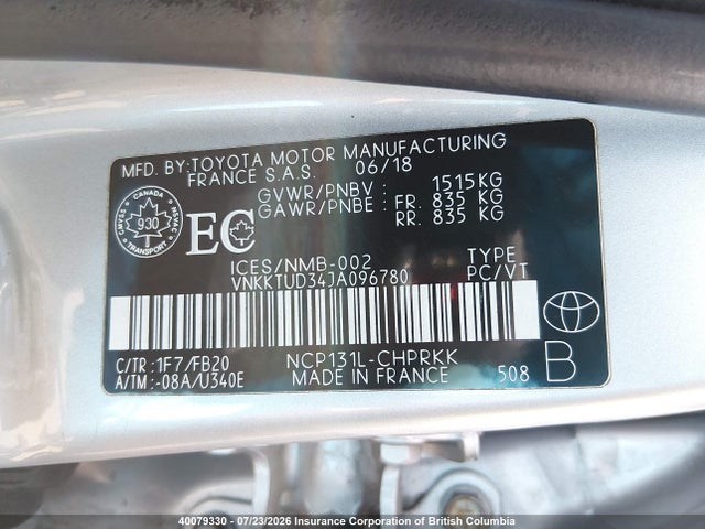 VNKKTUD34JA096780 Toyota Yaris L/le/se