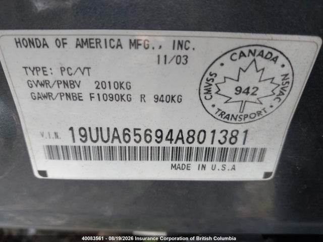 Aukcja sprzedaży 2004 Acura Tl, vin: 19UUA65694A801381, numer aukcji: 40083561