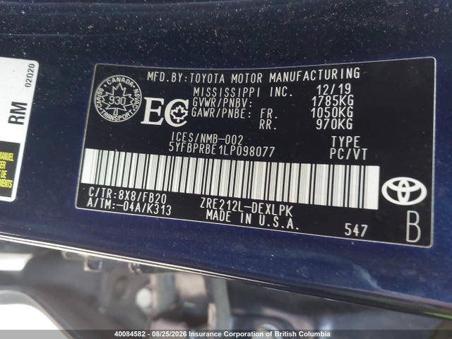 Toyota COROLLA LE 2020 5YFBPRBE1LP098077 Image 9