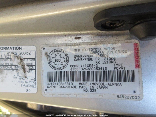 40084583 :رقم المزاد ، JTDBF32K320053415 vin ، 2002 Toyota Camry مزاد بيع