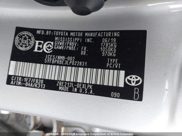 40084606 :رقم المزاد ، 5YFBPRBE3LP022831 vin ، 2020 Toyota Corolla Le مزاد بيع