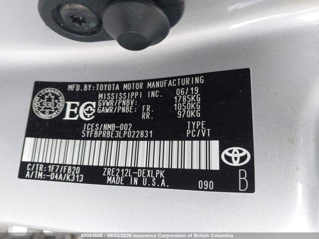 40084606 :رقم المزاد ، 5YFBPRBE3LP022831 vin ، 2020 Toyota Corolla Le مزاد بيع