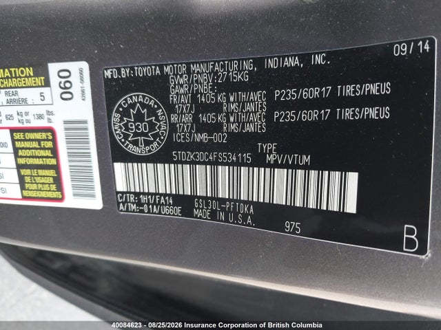 Toyota Sienna 2015 5TDZK3DC4FS534115 Image 9