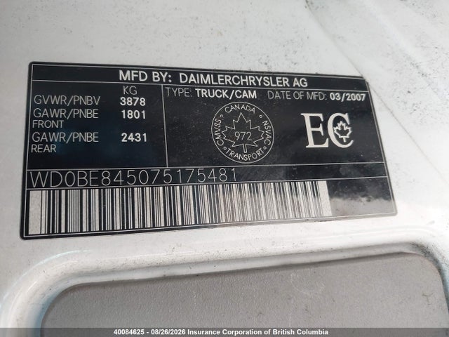 Aukcja sprzedaży 2007 Dodge Sprinter Van 2500 High Roof, vin: WD0BE845075175481, numer aukcji: 40084625