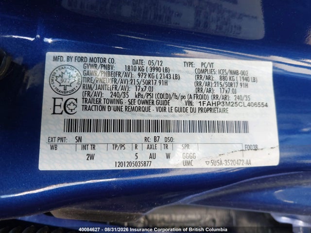 40084627 :رقم المزاد ، 1FAHP3M25CL406554 vin ، 2012 Ford Focus مزاد بيع