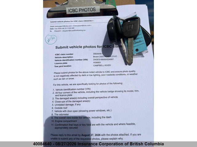 Продаж на аукціоні авто 2005 Honda Civic, vin: 2HGES16605H024997, номер лоту: 40084640
