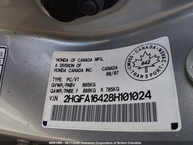 Aukcja sprzedaży 2008 Honda Civic Dx-g, vin: 2HGFA16428H101024, numer aukcji: 40081609