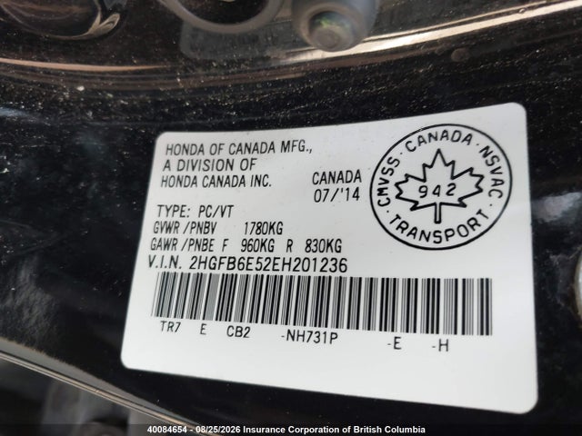 Honda Civic 2014 2HGFB6E52EH201236 Image 9