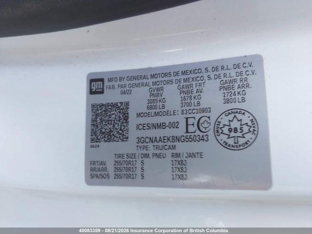3GCNAAEK8NG550343 Chevrolet Silverado C1500
