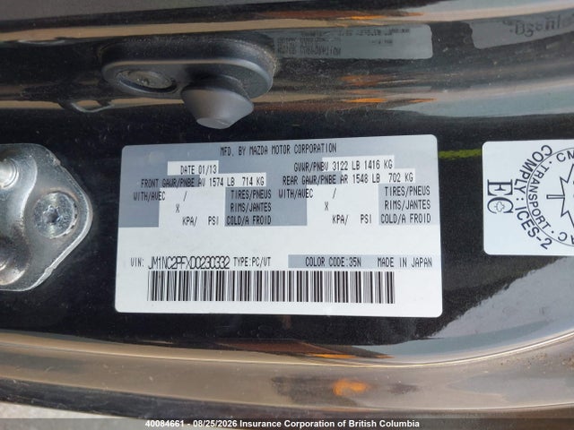 2013 Mazda Mx-5 Gt მანქანა იყიდება აუქციონზე, vin: JM1NC2PFXD0230332, აუქციონის ნომერი: 40084661