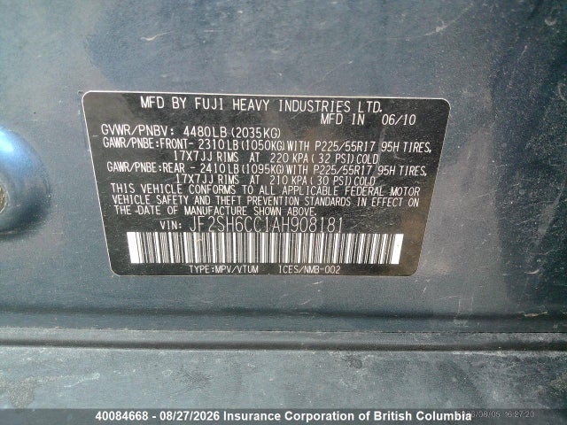 2010 Subaru Forester 2.5x Premium მანქანა იყიდება აუქციონზე, vin: JF2SH6CC1AH908181, აუქციონის ნომერი: 40084668