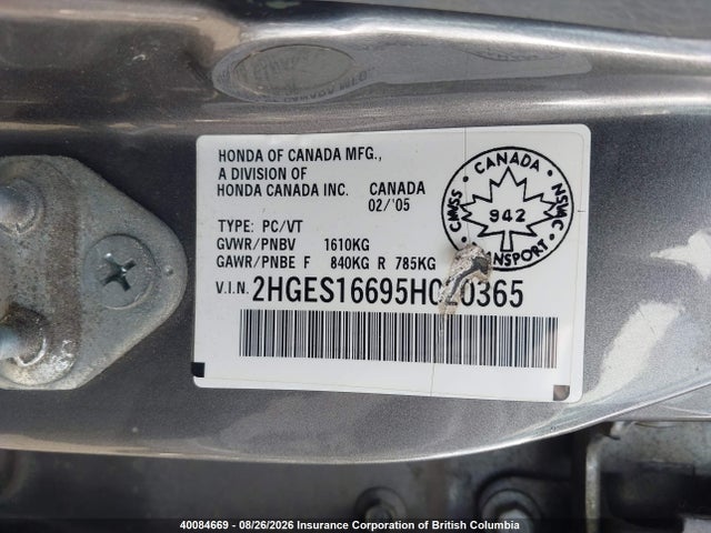 Продаж на аукціоні авто 2005 Honda Civic, vin: 2HGES16695H020365, номер лоту: 40084669