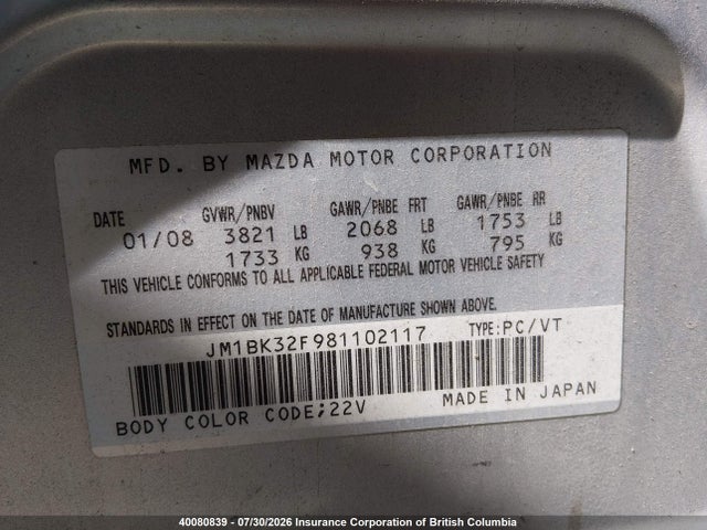 Auction sale of the 2008 Mazda 3 I, vin: JM1BK32F981102117, lot number: 40080839
