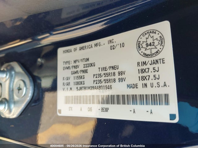 Aukcja sprzedaży 2010 Acura Rdx, vin: 5J8TB1H29AA801946, numer aukcji: 40084685