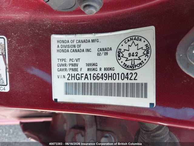 Продажа на аукционе авто 2009 Honda Civic Lx-s, vin: 2HGFA16649H010422, номер лота: 40073383