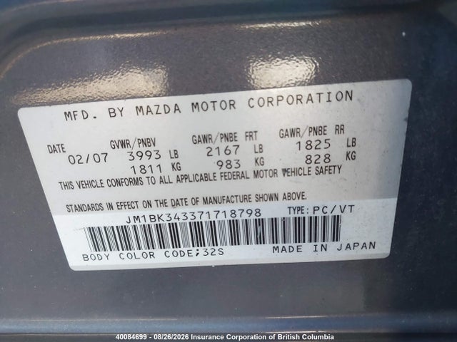 2007 Mazda Mazda3 Gs/gt მანქანა იყიდება აუქციონზე, vin: JM1BK343371718798, აუქციონის ნომერი: 40084699