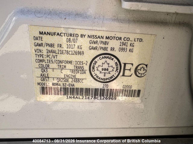 40084713 :رقم المزاد ، 1N4AL21E78C126969 vin ، 2008 Nissan Altima 2.5 S مزاد بيع