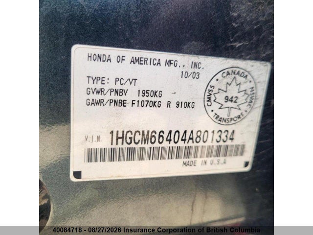 Продаж на аукціоні авто 2004 Honda Accord Ex, vin: 1HGCM66404A801334, номер лоту: 40084718