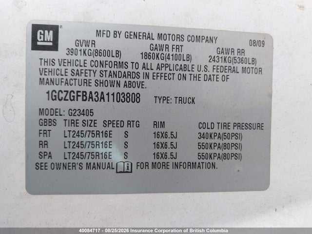 2010 Chevrolet Express G2500 მანქანა იყიდება აუქციონზე, vin: 1GCZGFBA3A1103808, აუქციონის ნომერი: 40084717