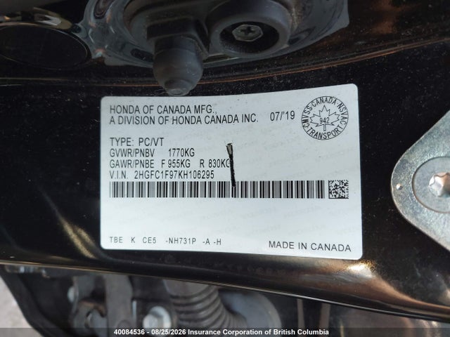 Honda Civic Touring 2019 2HGFC1F97KH106295 Image 9
