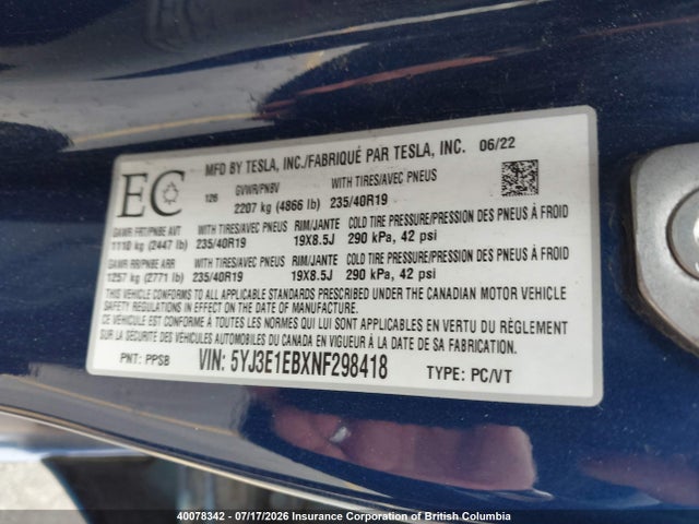 Tesla MODEL 3 2022 5YJ3E1EBXNF298418 Image 9