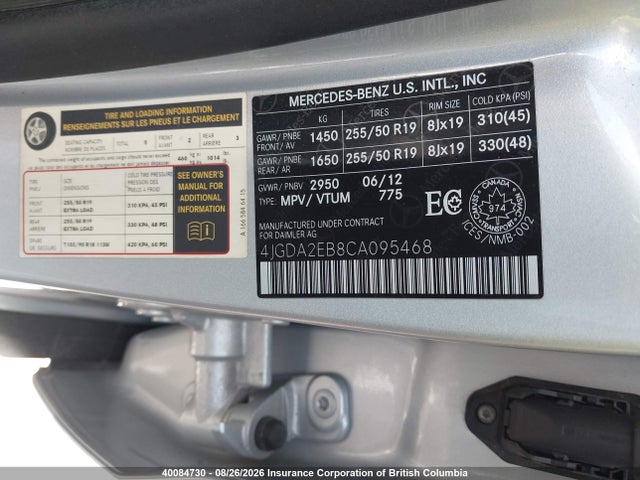40084730 :رقم المزاد ، 4JGDA2EB8CA095468 vin ، 2012 Mercedes-benz Ml 350 Bluetec مزاد بيع