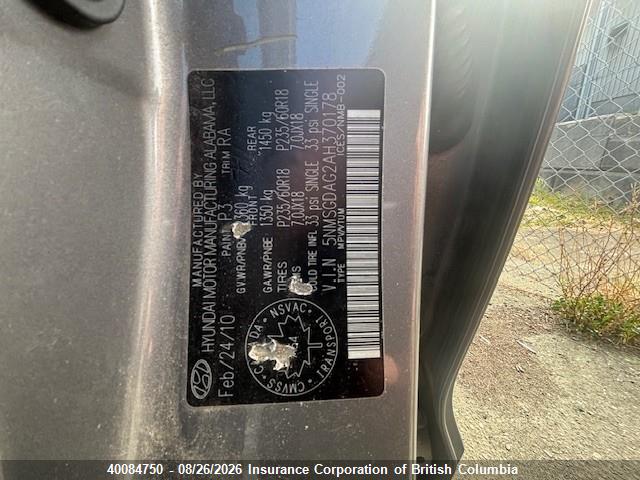 2010 Hyundai Santa Fe Gl 3.5 Sport მანქანა იყიდება აუქციონზე, vin: 5NMSGDAG2AH370178, აუქციონის ნომერი: 40084750