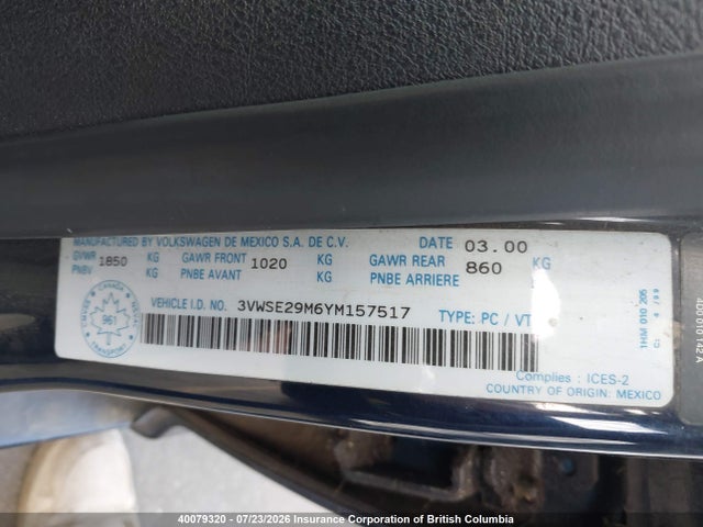 Aukcja sprzedaży 2000 Volkswagen Jetta Gls, vin: 3VWSE29M6YM157517, numer aukcji: 40079320
