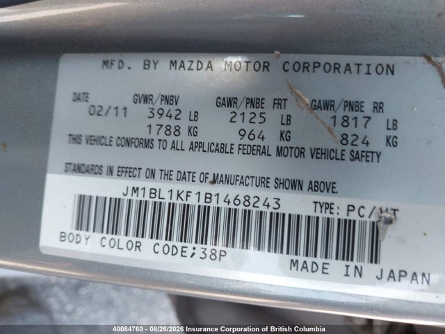 Aukcja sprzedaży 2011 Mazda 3 I, vin: JM1BL1KF1B1468243, numer aukcji: 40084760