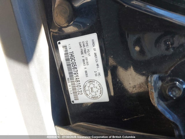 Aukcja sprzedaży 2000 Honda Accord Se, vin: 1HGCG5679YA810132, numer aukcji: 40080474