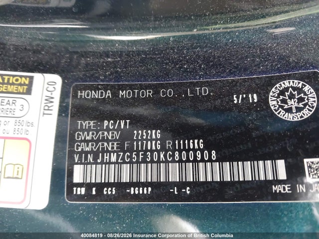 JHMZC5F30KC800908 Honda Clarity Touring