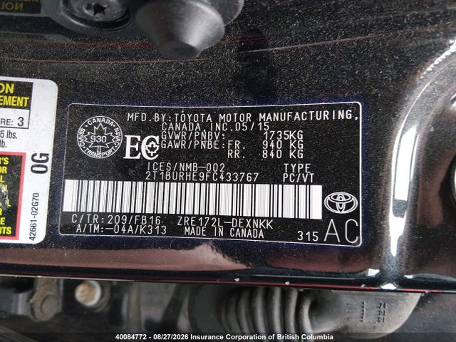 2T1BURHE9FC433767 Toyota Corolla L/le/le Pls/prm/s/s Pls