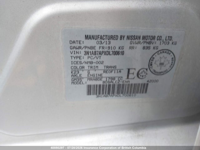 Продажа на аукционе авто 2013 Nissan Sentra S/sv/sr/sl, vin: 3N1AB7APXDL700610, номер лота: 40080297