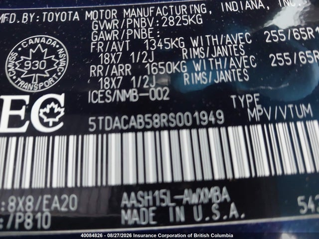 5TDACAB58RS001949 Toyota Grand Highlander Xle/limited