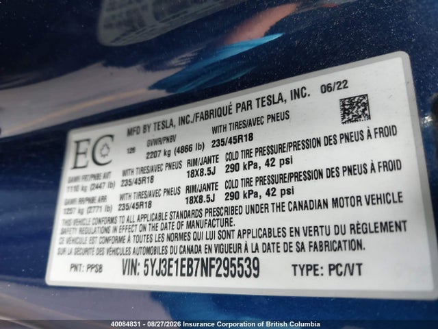 Tesla MODEL 3 2022 5YJ3E1EB7NF295539 Image 9