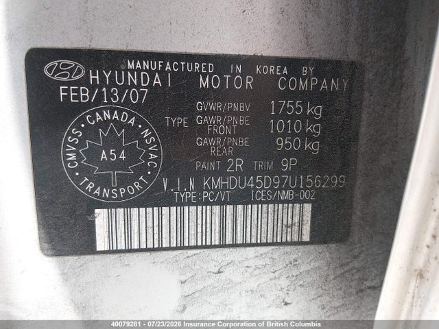 Продажа на аукционе авто 2007 Hyundai Elantra Gl/gls, vin: KMHDU45D97U156299, номер лота: 40079281