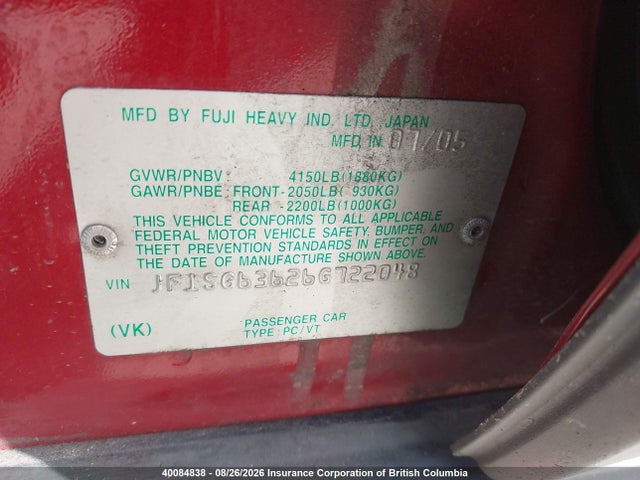 Aukcja sprzedaży 2006 Subaru Forester 2.5x, vin: JF1SG63626G722048, numer aukcji: 40084838