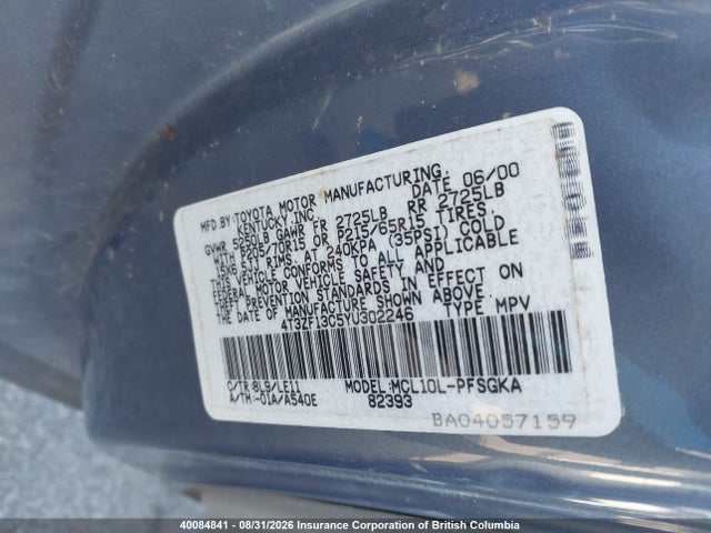 Продаж на аукціоні авто 2000 Toyota Sienna Le/xle, vin: 4T3ZF13C5YU302246, номер лоту: 40084841