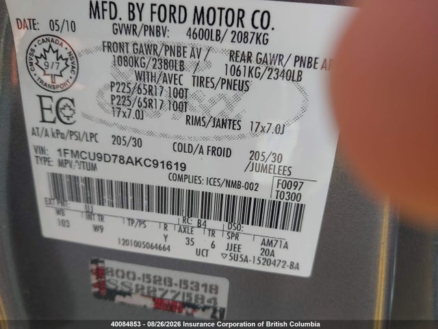 Продажа на аукционе авто 2010 Ford Escape Xlt, vin: 1FMCU9D78AKC91619, номер лота: 40084853