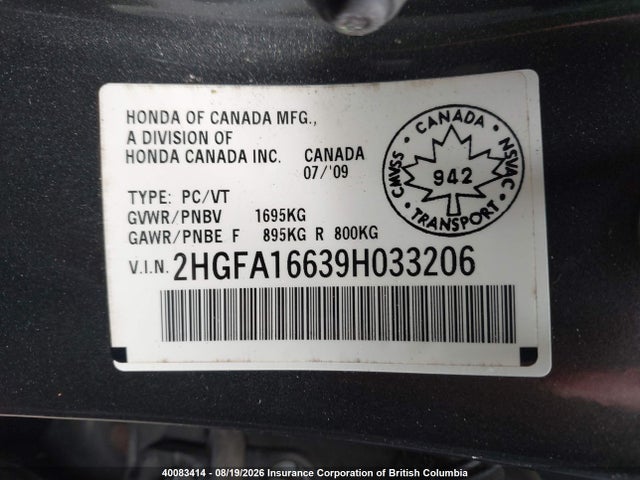 Aukcja sprzedaży 2009 Honda Civic Lx-s, vin: 2HGFA16639H033206, numer aukcji: 40083414
