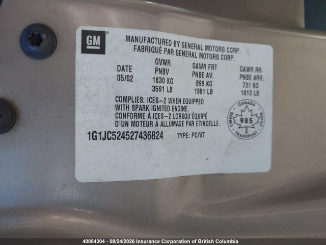 Aukcja sprzedaży 2002 Chevrolet Cavalier Cng, vin: 1G1JC524527436824, numer aukcji: 40084304